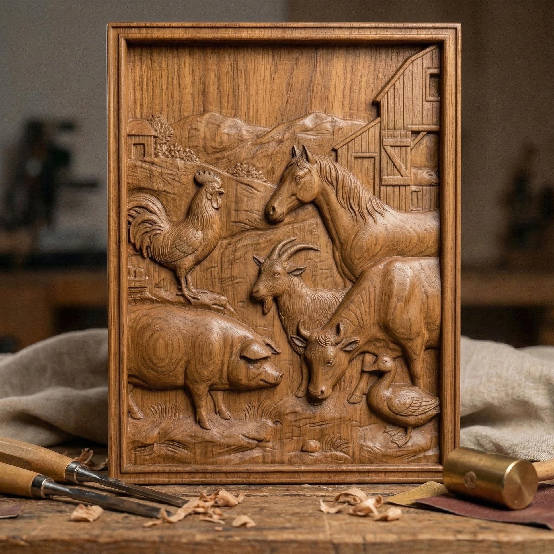 Detailed bas-relief carving of a rustic farm scene featuring a horse, cow, goat, pig, rooster, and duck gathered near a wooden barn, with rolling hills and countryside background, showcasing smooth contours, natural textures, and a warm pastoral composition in carved wood style.