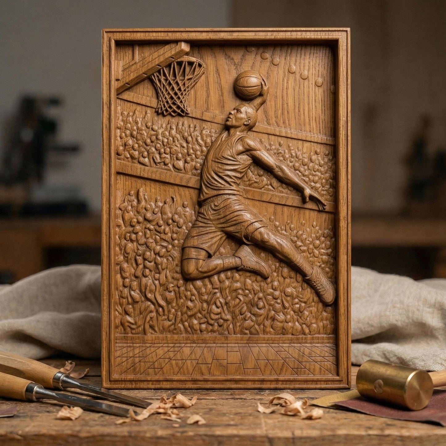 Dynamic bas-relief carving of a basketball player soaring mid-air for a powerful dunk, surrounded by a packed arena crowd, detailed court flooring, and hoop with net, capturing motion, athletic energy, and depth in a bold sports-themed composition.