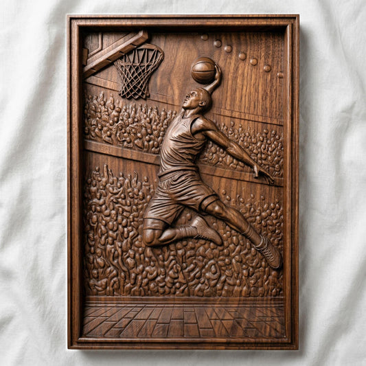Dynamic bas-relief carving of a basketball player soaring mid-air for a powerful dunk, surrounded by a packed arena crowd, detailed court flooring, and hoop with net, capturing motion, athletic energy, and depth in a bold sports-themed composition.