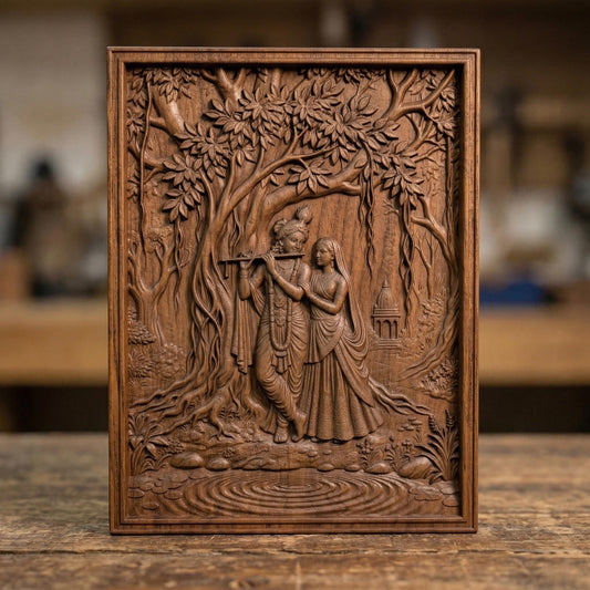 Intricate bas-relief carving of Lord Krishna playing the flute beside Radha under a large sacred tree, surrounded by flowing roots, foliage, and a serene temple in the background, with calm water ripples below, expressing divine love, harmony, and spiritual devotion in detailed wood texture.