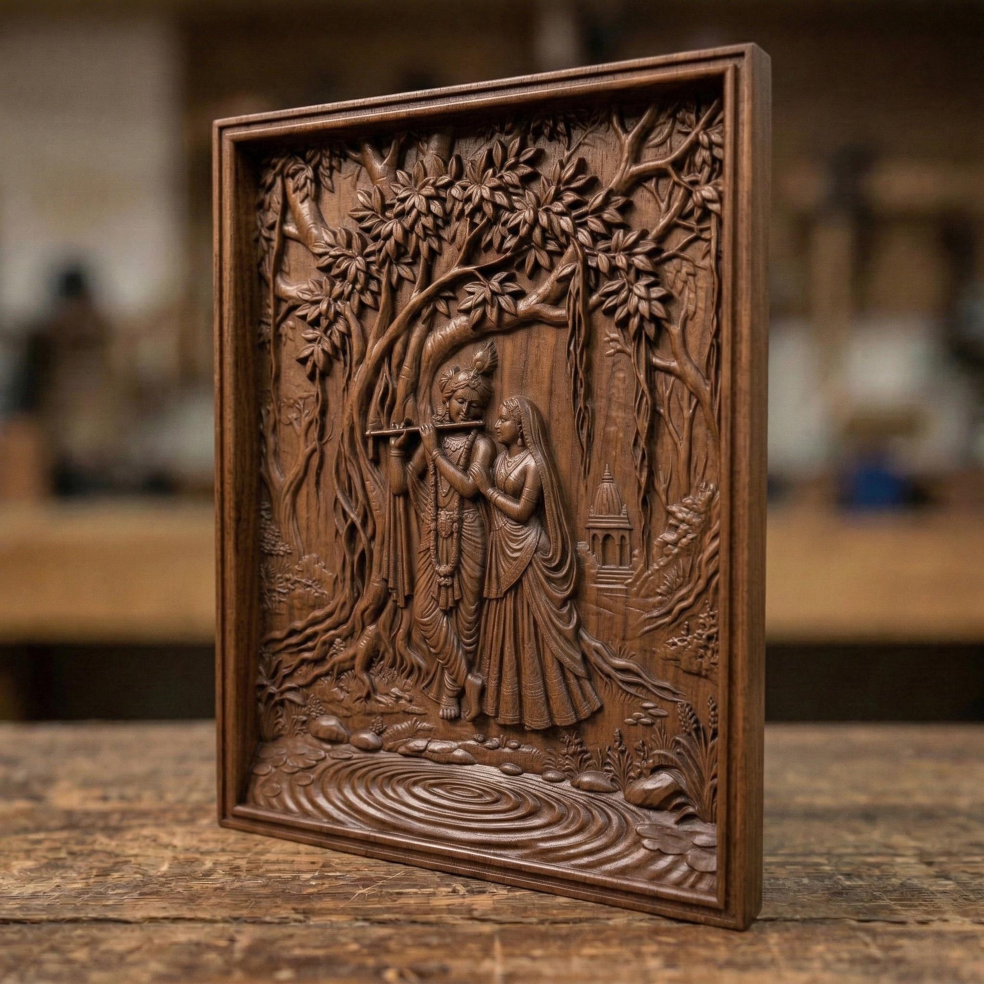 Intricate bas-relief carving of Lord Krishna playing the flute beside Radha under a large sacred tree, surrounded by flowing roots, foliage, and a serene temple in the background, with calm water ripples below, expressing divine love, harmony, and spiritual devotion in detailed wood texture.