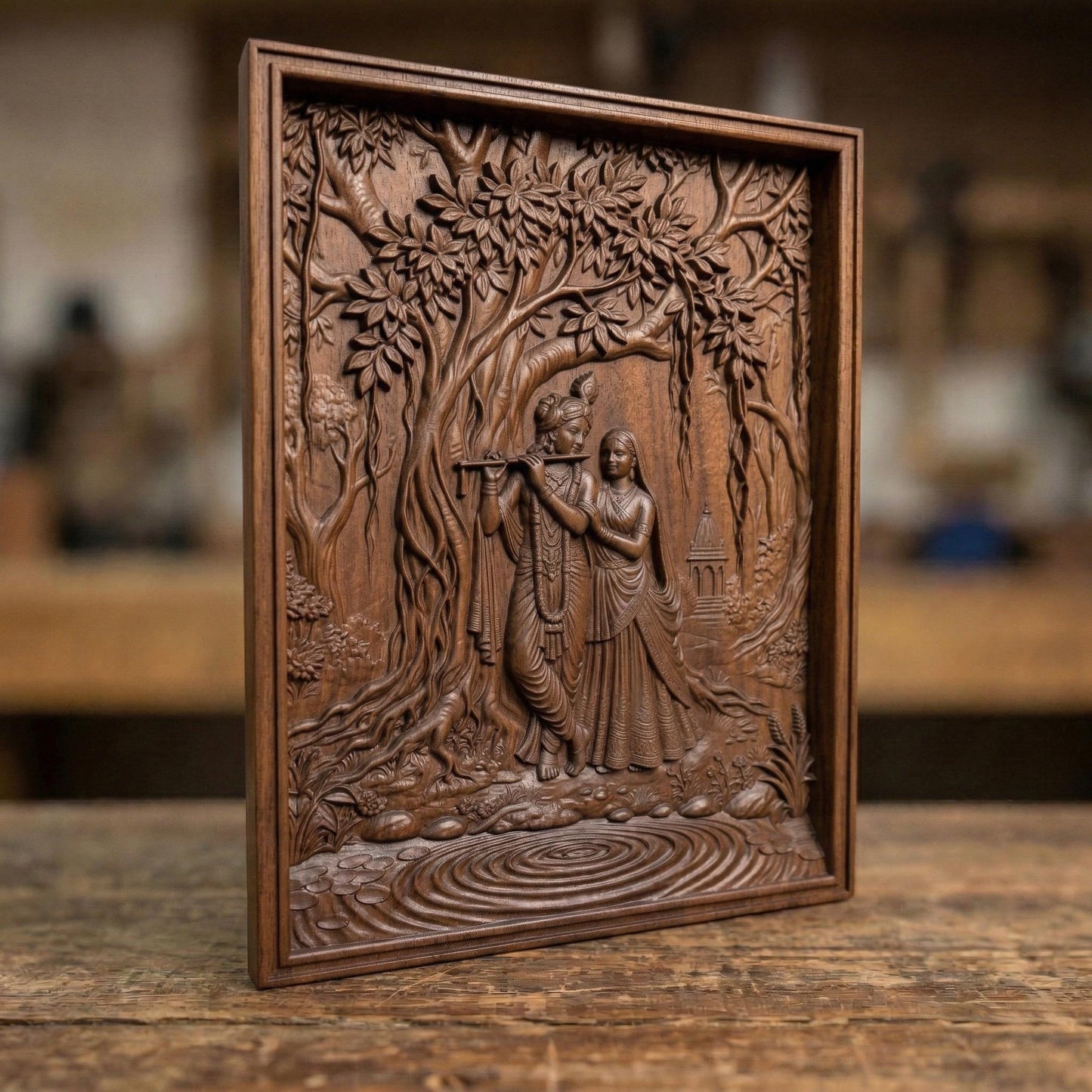 Intricate bas-relief carving of Lord Krishna playing the flute beside Radha under a large sacred tree, surrounded by flowing roots, foliage, and a serene temple in the background, with calm water ripples below, expressing divine love, harmony, and spiritual devotion in detailed wood texture.