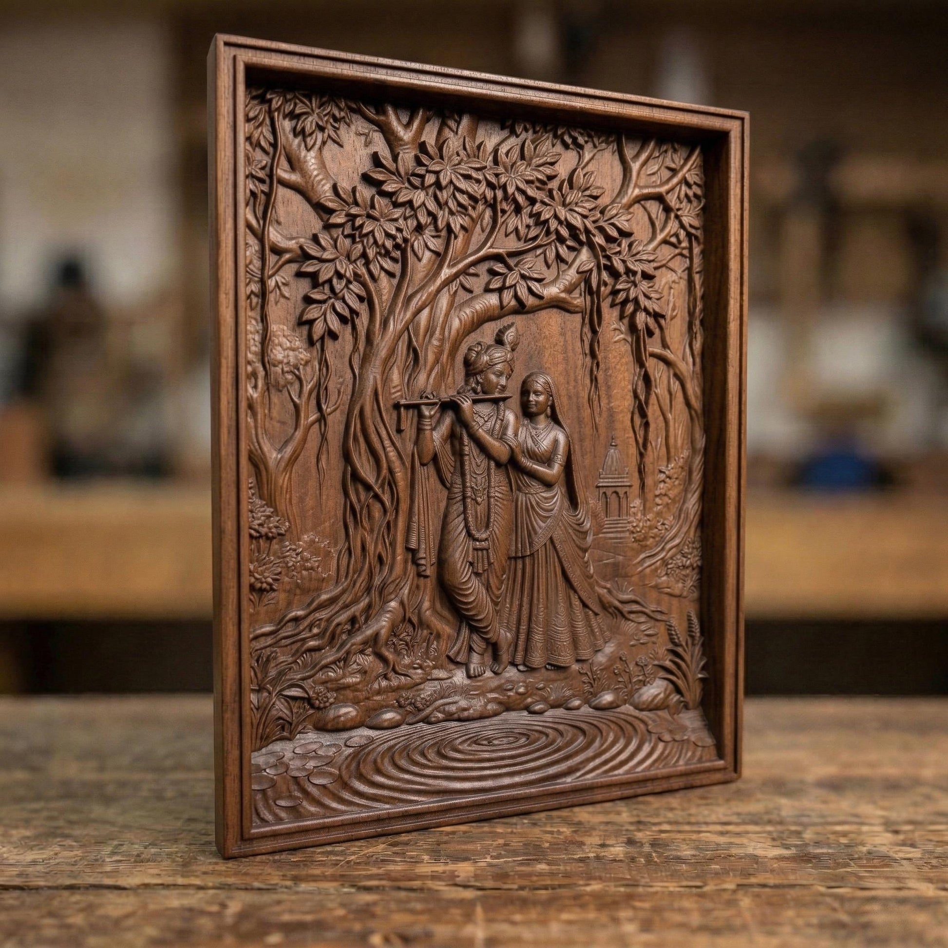 Intricate bas-relief carving of Lord Krishna playing the flute beside Radha under a large sacred tree, surrounded by flowing roots, foliage, and a serene temple in the background, with calm water ripples below, expressing divine love, harmony, and spiritual devotion in detailed wood texture.