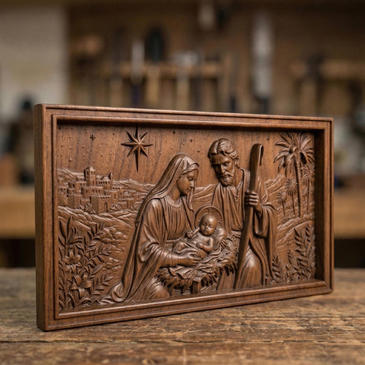 Beautiful bas-relief carving of the Nativity scene featuring baby Jesus in a manger with Mary and Joseph beside him, under a shining star, surrounded by palm trees and a distant village, capturing peace, devotion, and sacred storytelling in detailed wood texture.