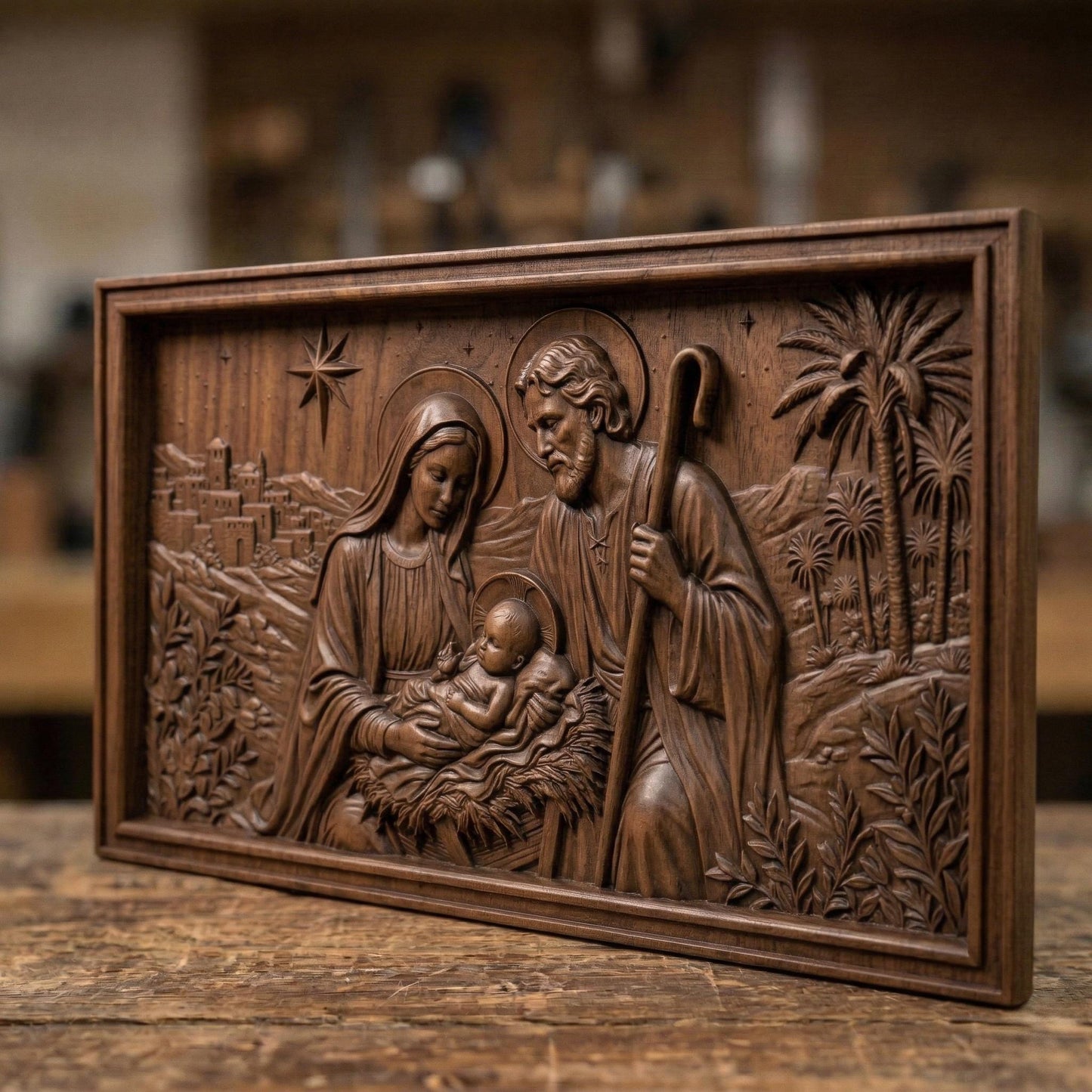 Beautiful bas-relief carving of the Nativity scene featuring baby Jesus in a manger with Mary and Joseph beside him, under a shining star, surrounded by palm trees and a distant village, capturing peace, devotion, and sacred storytelling in detailed wood texture.