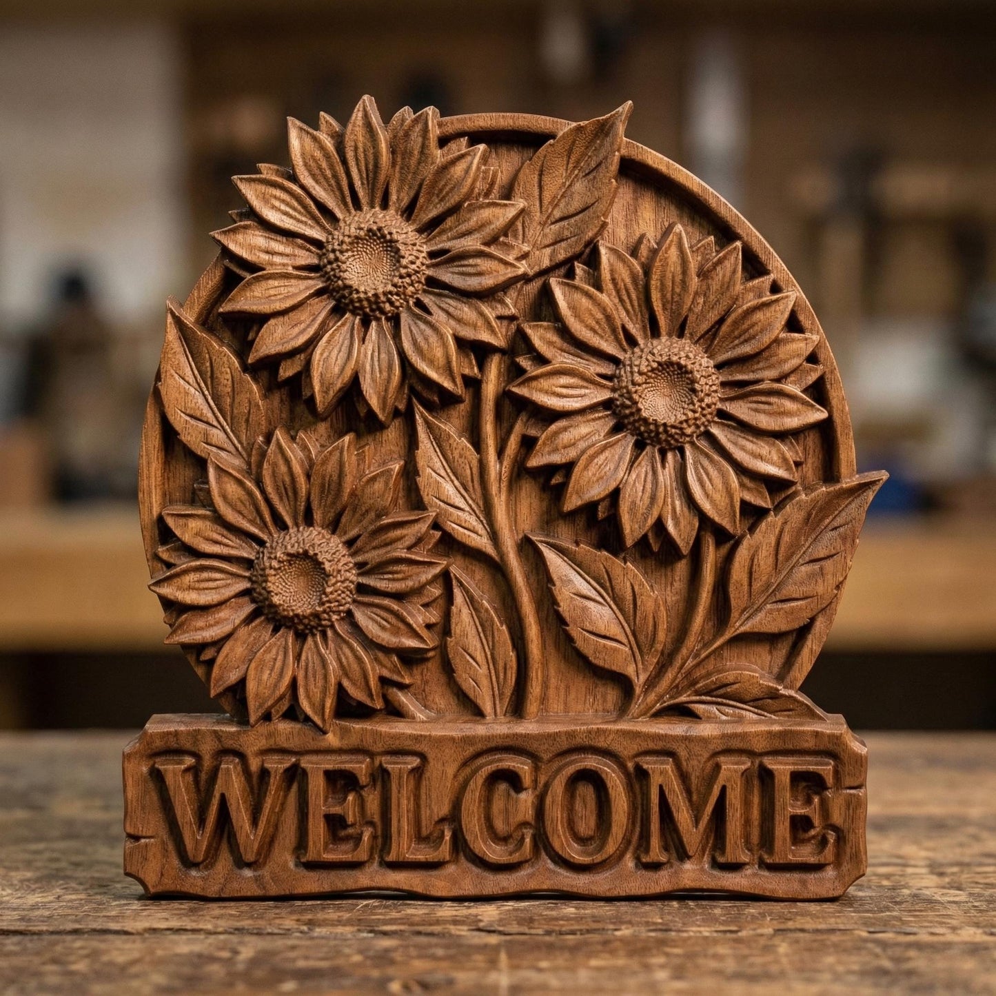 Decorative bas-relief carving of three large sunflowers with detailed petals and leaves arranged in a circular frame above a bold “WELCOME” sign, showcasing rustic farmhouse charm, natural textures, and a warm inviting aesthetic in carved wood style.