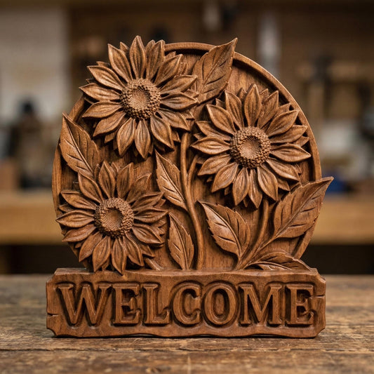 Decorative bas-relief carving of three large sunflowers with detailed petals and leaves arranged in a circular frame above a bold “WELCOME” sign, showcasing rustic farmhouse charm, natural textures, and a warm inviting aesthetic in carved wood style.