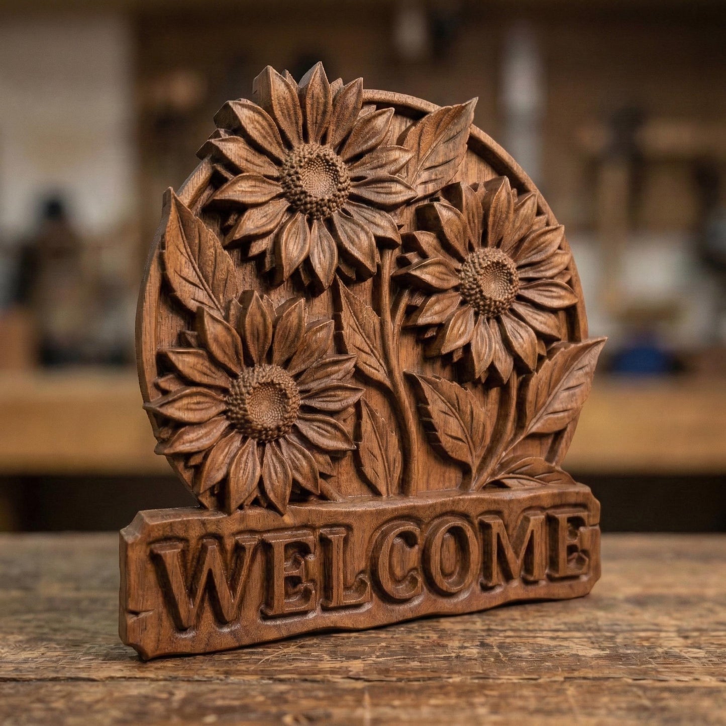 Decorative bas-relief carving of three large sunflowers with detailed petals and leaves arranged in a circular frame above a bold “WELCOME” sign, showcasing rustic farmhouse charm, natural textures, and a warm inviting aesthetic in carved wood style.