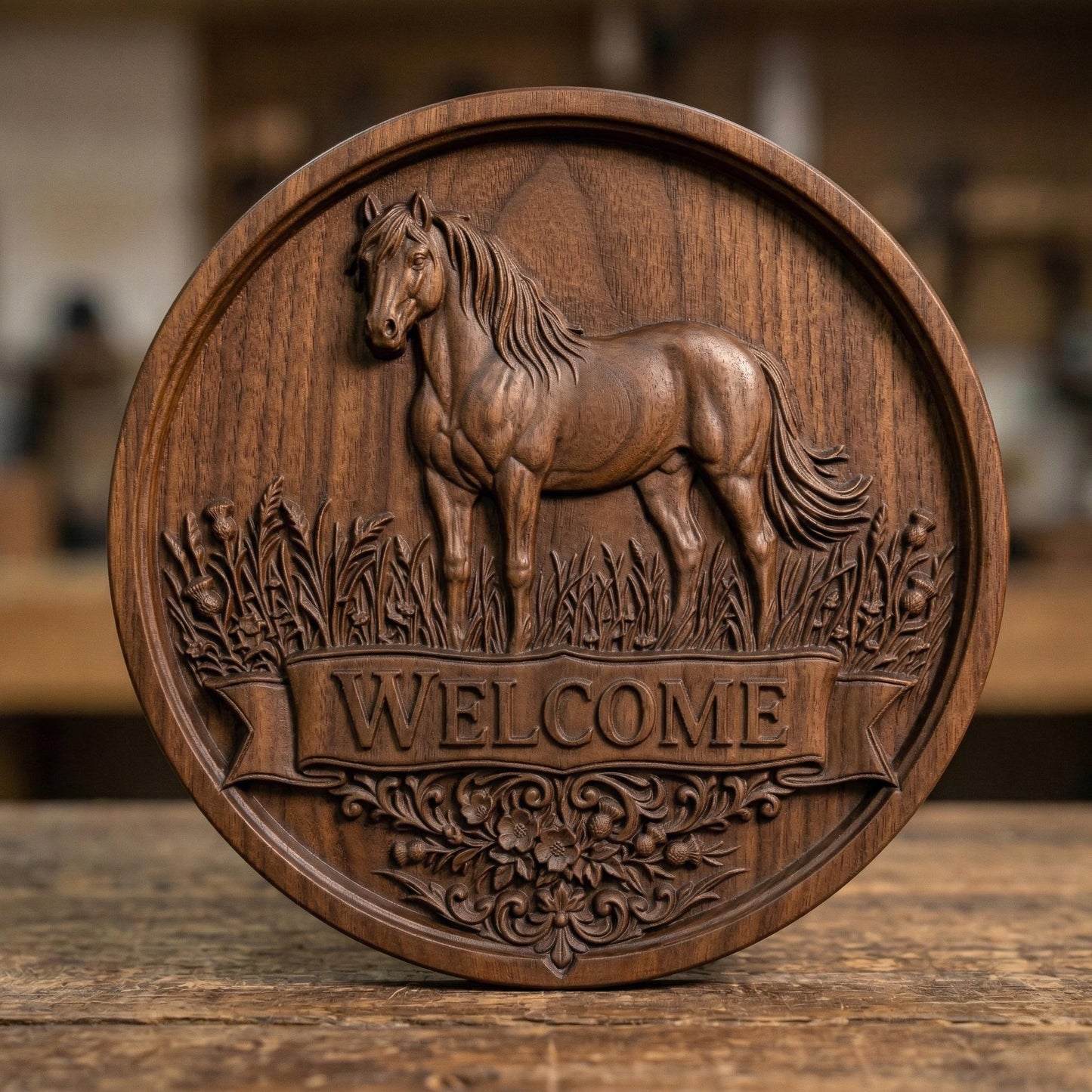 Elegant bas-relief carving of a standing horse inside a circular frame, surrounded by grass and decorative floral elements, with a bold “WELCOME” banner below, showcasing detailed musculature, flowing mane, and rustic farmhouse charm in carved wood style.