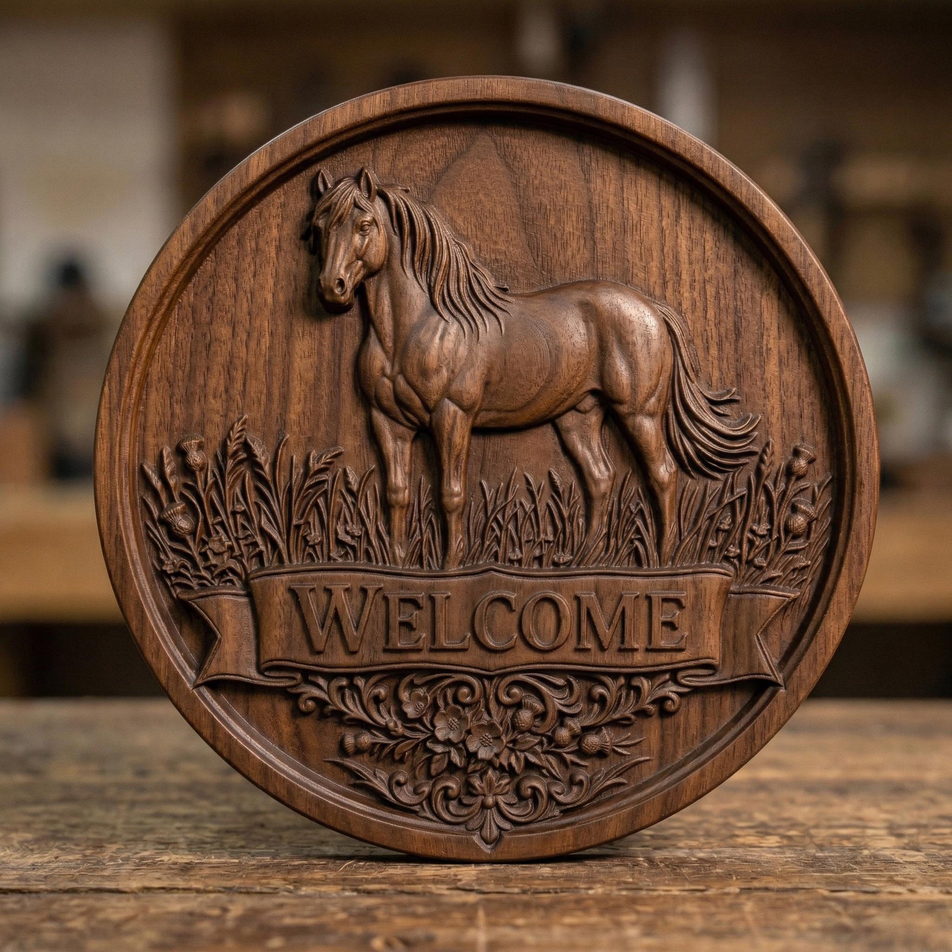 Elegant bas-relief carving of a standing horse inside a circular frame, surrounded by grass and decorative floral elements, with a bold “WELCOME” banner below, showcasing detailed musculature, flowing mane, and rustic farmhouse charm in carved wood style.