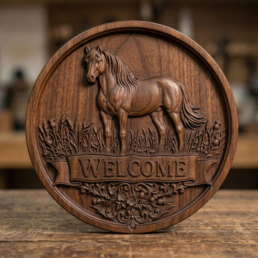 Elegant bas-relief carving of a standing horse inside a circular frame, surrounded by grass and decorative floral elements, with a bold “WELCOME” banner below, showcasing detailed musculature, flowing mane, and rustic farmhouse charm in carved wood style.