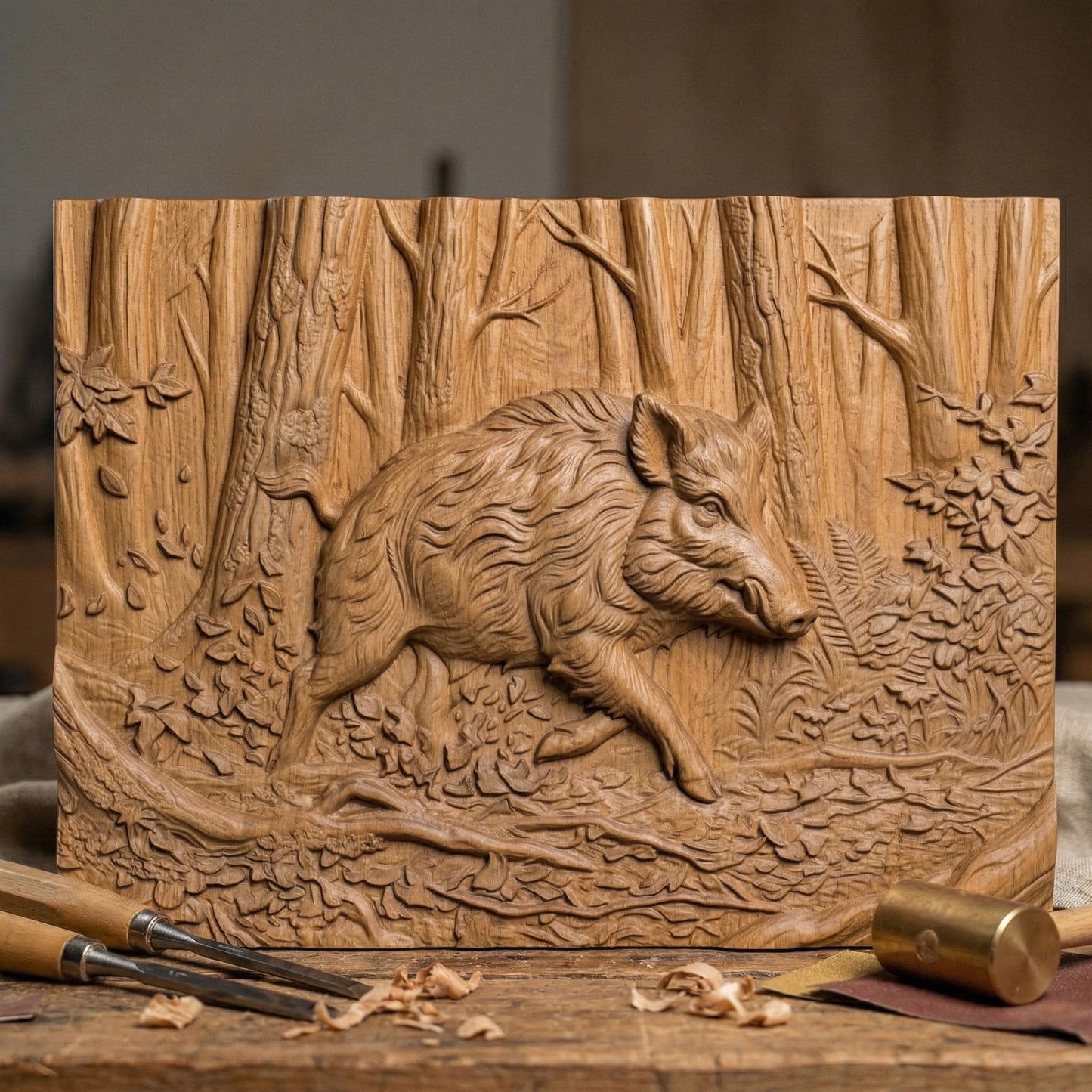 Highly detailed bas-relief carving of a wild boar walking through a dense forest, surrounded by textured tree trunks, fallen branches, leaves, and foliage, capturing motion, strength, and rugged wilderness atmosphere in a natural wood carving style.