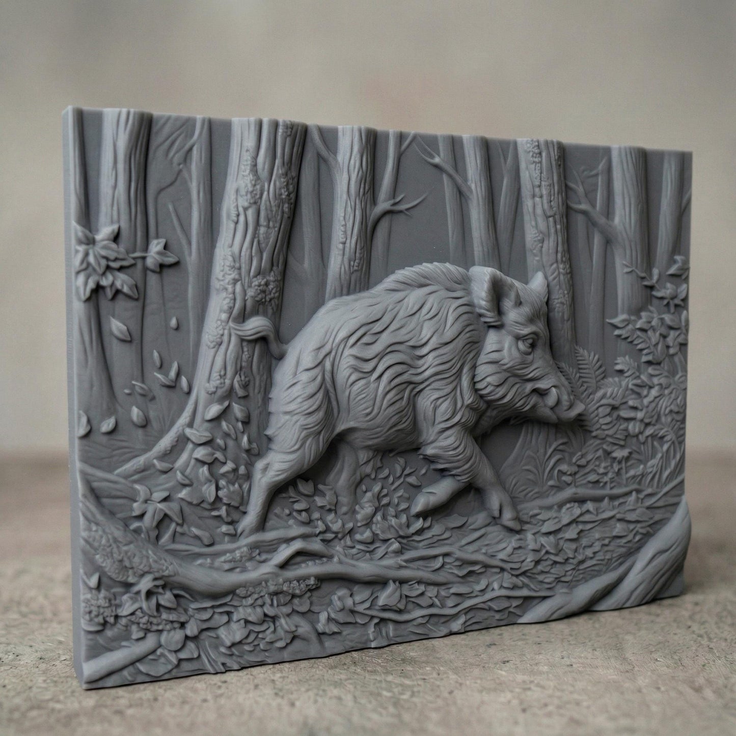 Highly detailed bas-relief carving of a wild boar walking through a dense forest, surrounded by textured tree trunks, fallen branches, leaves, and foliage, capturing motion, strength, and rugged wilderness atmosphere in a natural wood carving style.