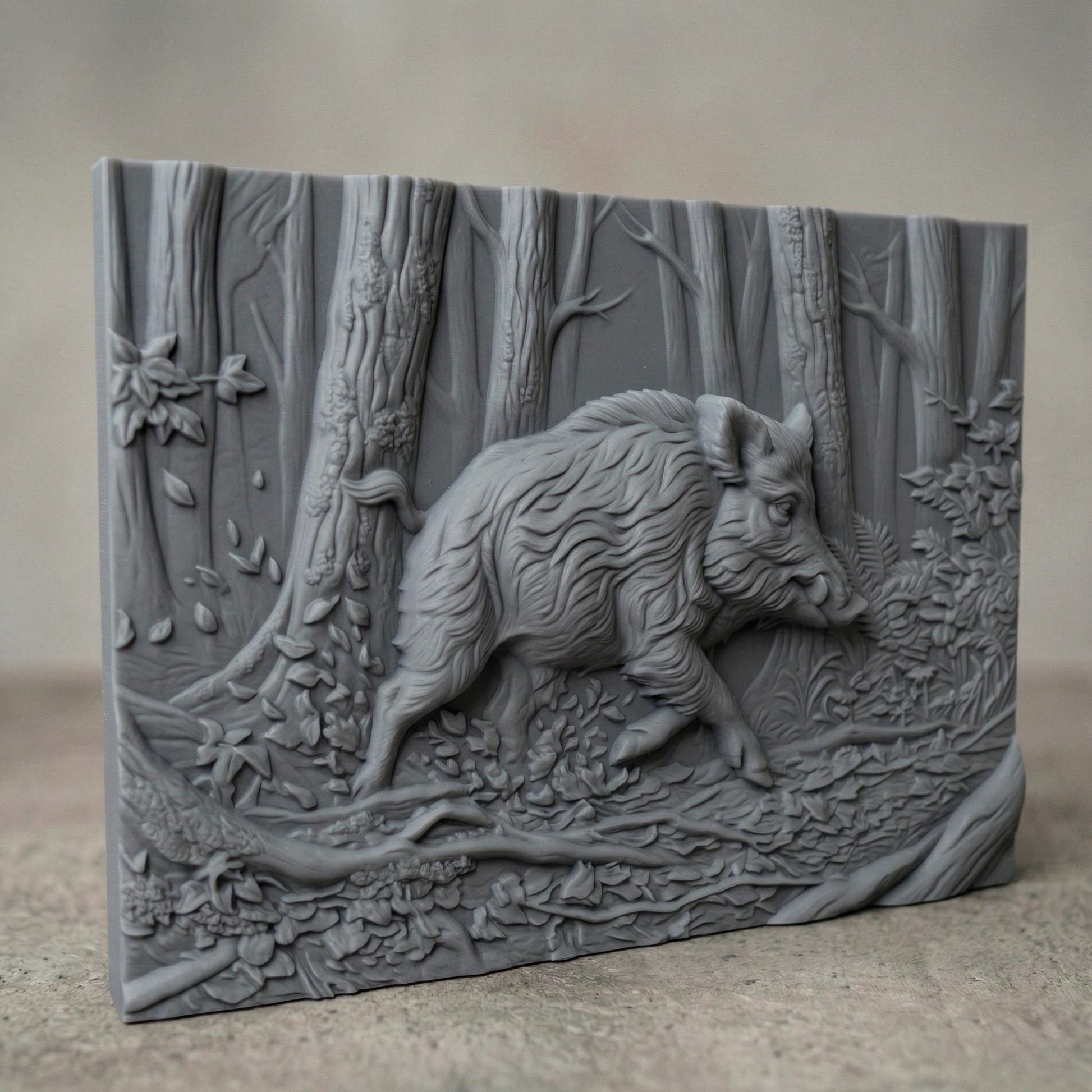 Highly detailed bas-relief carving of a wild boar walking through a dense forest, surrounded by textured tree trunks, fallen branches, leaves, and foliage, capturing motion, strength, and rugged wilderness atmosphere in a natural wood carving style.