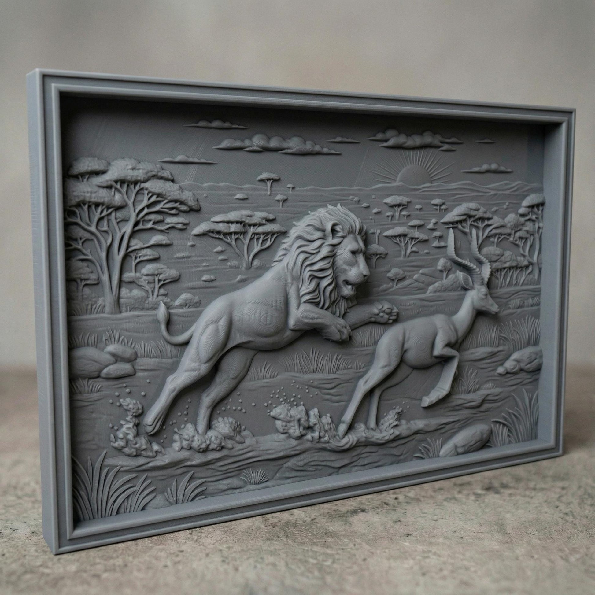 Intricate bas-relief carving of a lion mid-chase pursuing a gazelle across an African savanna landscape, with acacia trees, distant wildlife, and a rising sun on the horizon, capturing motion, tension, and raw nature in a dramatic wildlife scene.