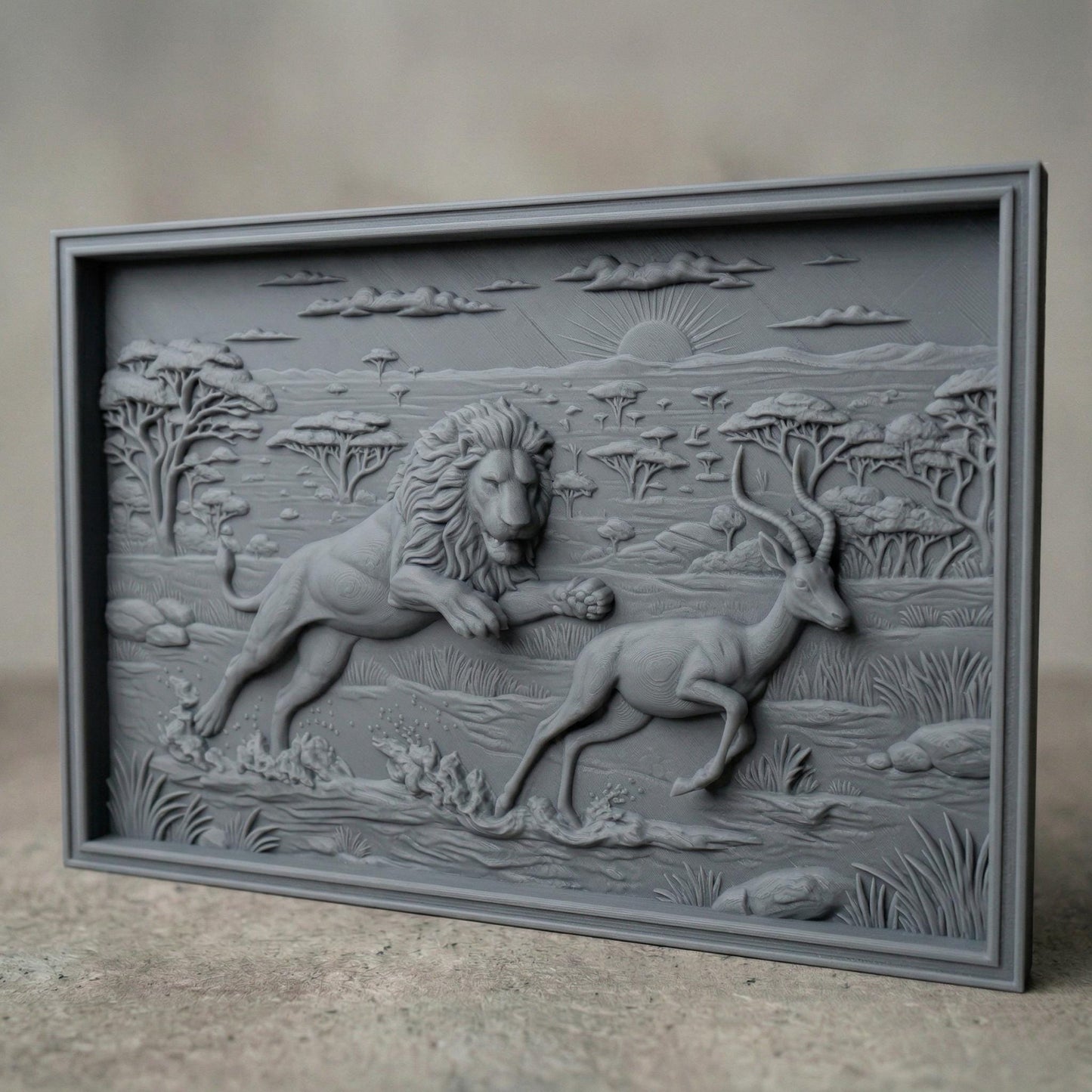 Intricate bas-relief carving of a lion mid-chase pursuing a gazelle across an African savanna landscape, with acacia trees, distant wildlife, and a rising sun on the horizon, capturing motion, tension, and raw nature in a dramatic wildlife scene.