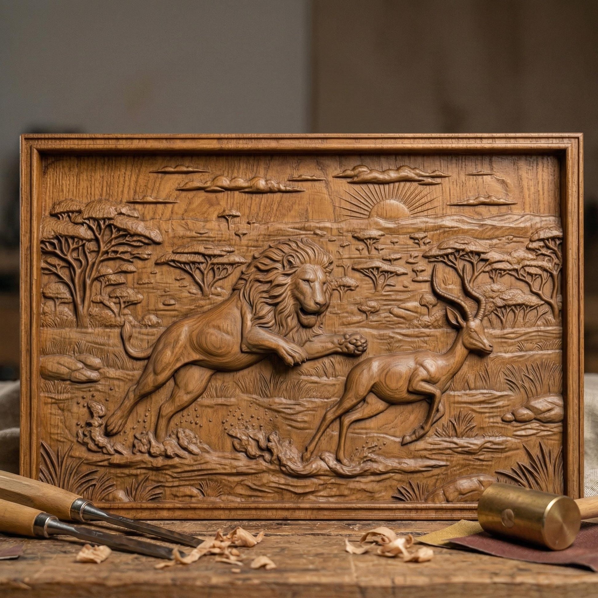 Intricate bas-relief carving of a lion mid-chase pursuing a gazelle across an African savanna landscape, with acacia trees, distant wildlife, and a rising sun on the horizon, capturing motion, tension, and raw nature in a dramatic wildlife scene.