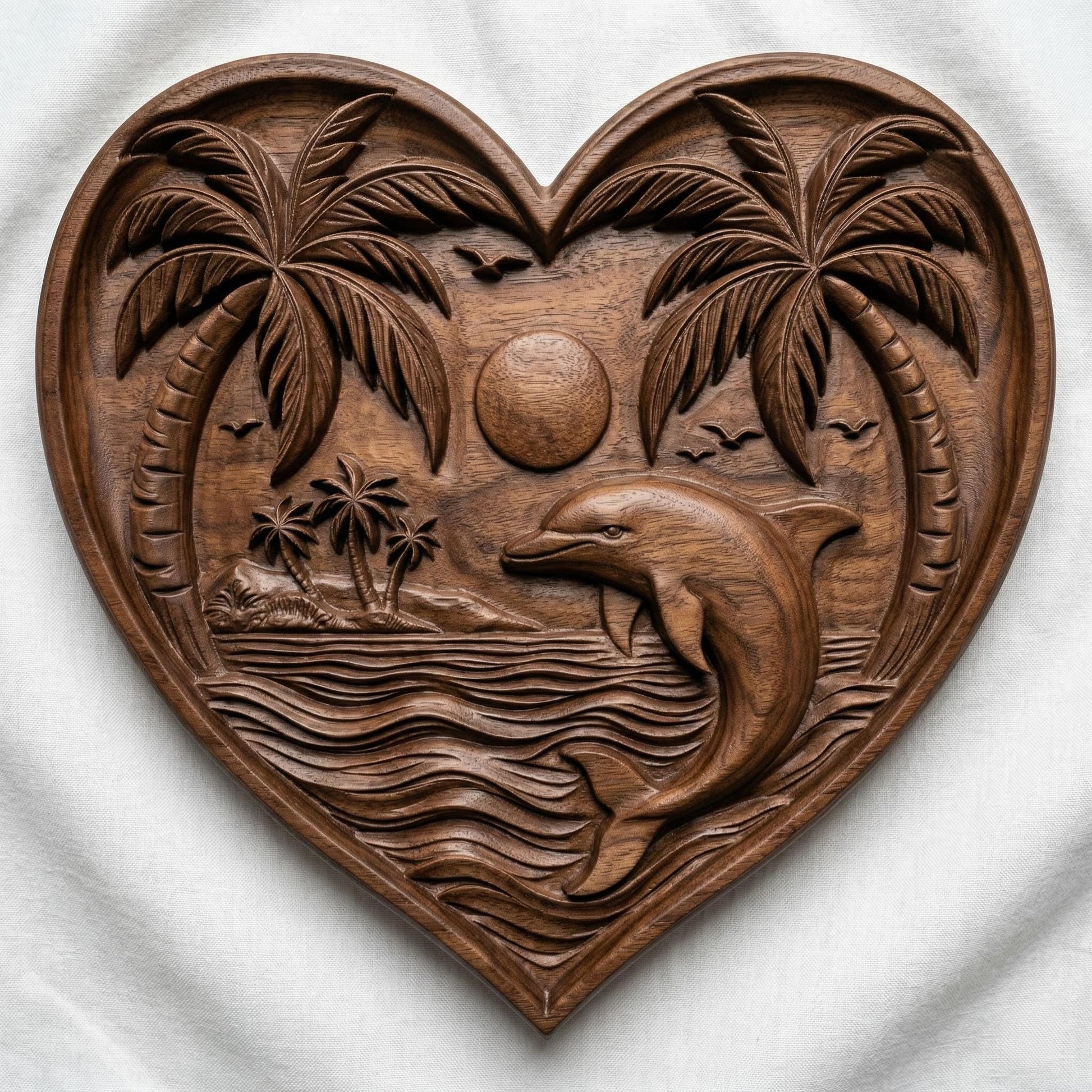 Heart-shaped bas-relief carving featuring a leaping dolphin in ocean waves beneath a tropical sunset, framed by curved palm trees and a small island in the background. Fine wood grain texture enhances depth, with birds in the sky and layered water lines creating a serene coastal scene symbolizing love, freedom, and tranquility.