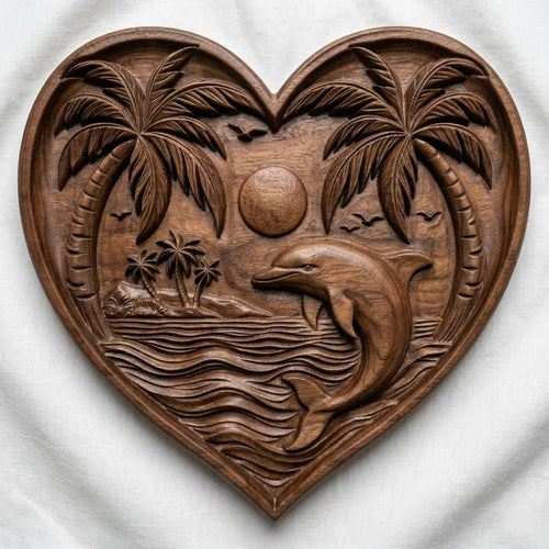 Dolphin Heart Ocean Scene 3D STL Relief Model | Tropical Wall Art (Digital Download)