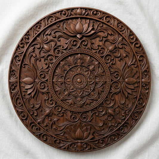 Intricately carved circular lotus mandala with layered floral petals and symmetrical scrollwork, featuring a central rosette surrounded by ornate botanical patterns and repeating lotus motifs, rendered in deep wood texture with high-relief detailing, ideal for spiritual decor and meditative wall art.