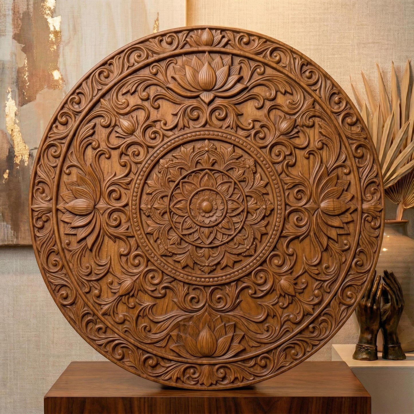 Intricately carved circular lotus mandala with layered floral petals and symmetrical scrollwork, featuring a central rosette surrounded by ornate botanical patterns and repeating lotus motifs, rendered in deep wood texture with high-relief detailing, ideal for spiritual decor and meditative wall art.