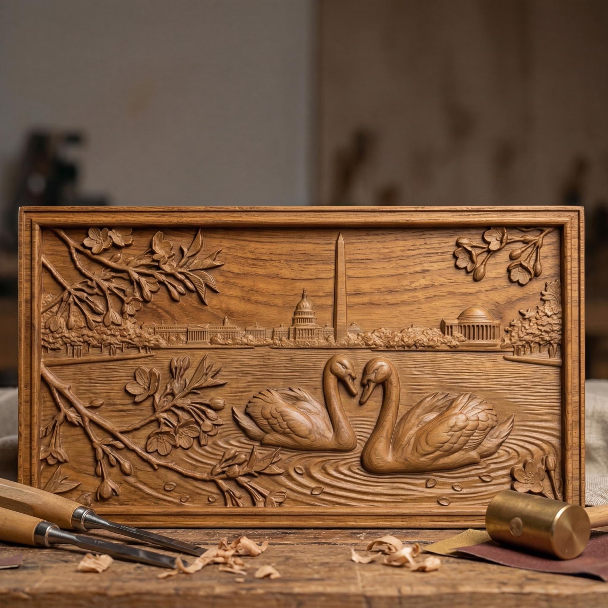 Detailed bas-relief carving of two swans forming a heart shape on rippling water, surrounded by blossoming branches. In the background, the Washington Monument and Capitol building rise along a serene lakeside skyline. Fine wood grain texture and layered depth create an elegant, romantic composition symbolizing love and unity in a peaceful natural setting.
