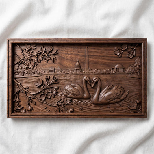 Detailed bas-relief carving of two swans forming a heart shape on rippling water, surrounded by blossoming branches. In the background, the Washington Monument and Capitol building rise along a serene lakeside skyline. Fine wood grain texture and layered depth create an elegant, romantic composition symbolizing love and unity in a peaceful natural setting.