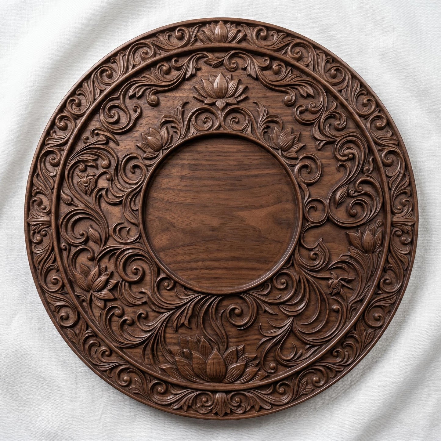 Intricately carved circular lotus mandala with layered floral petals and symmetrical scrollwork, featuring a central rosette surrounded by ornate botanical patterns and repeating lotus motifs, rendered in deep wood texture with high-relief detailing, ideal for spiritual decor and meditative wall art.