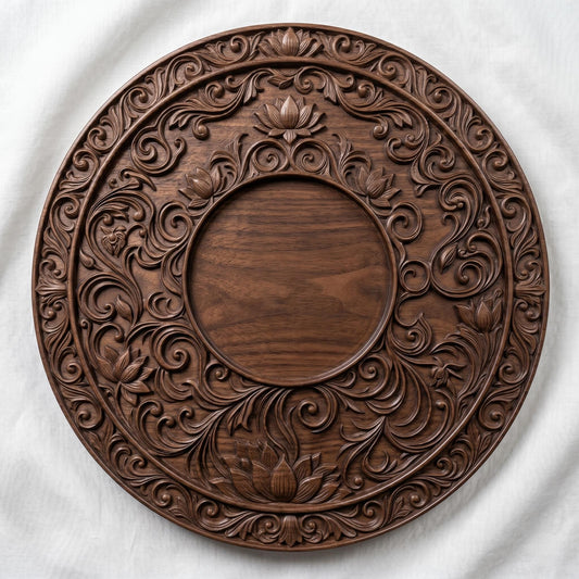 Intricately carved circular lotus mandala with layered floral petals and symmetrical scrollwork, featuring a central rosette surrounded by ornate botanical patterns and repeating lotus motifs, rendered in deep wood texture with high-relief detailing, ideal for spiritual decor and meditative wall art.
