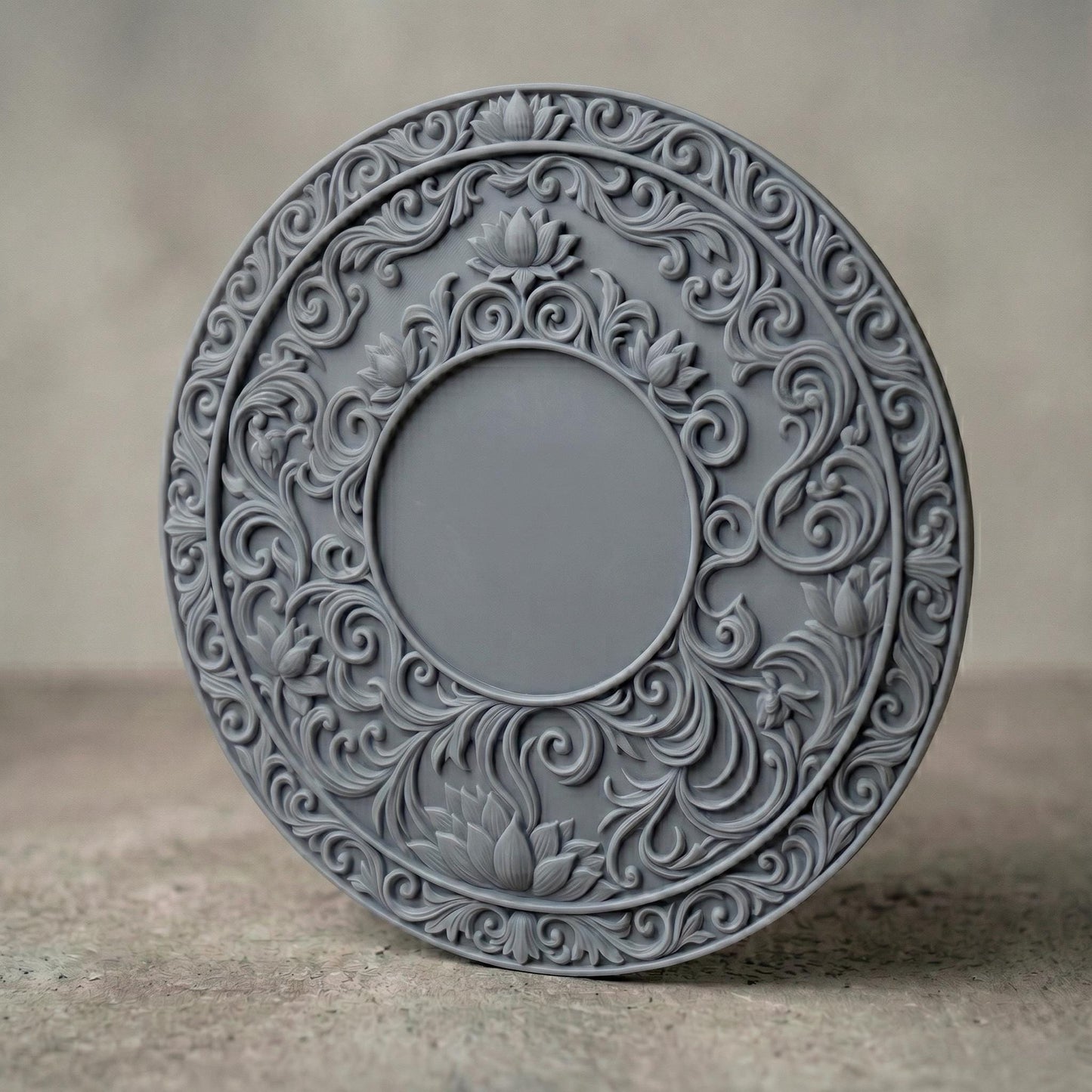 Intricately carved circular lotus mandala with layered floral petals and symmetrical scrollwork, featuring a central rosette surrounded by ornate botanical patterns and repeating lotus motifs, rendered in deep wood texture with high-relief detailing, ideal for spiritual decor and meditative wall art.