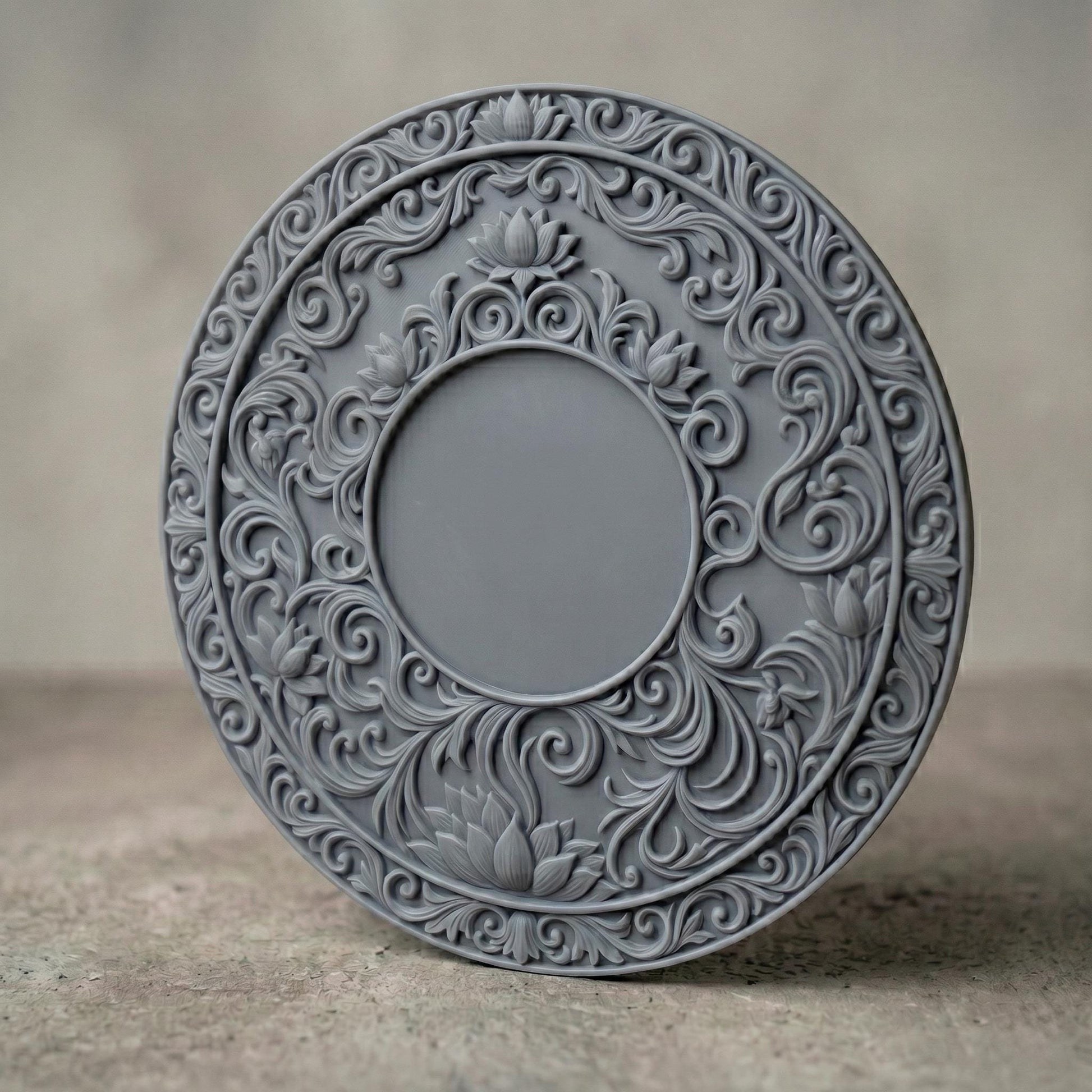 Intricately carved circular lotus mandala with layered floral petals and symmetrical scrollwork, featuring a central rosette surrounded by ornate botanical patterns and repeating lotus motifs, rendered in deep wood texture with high-relief detailing, ideal for spiritual decor and meditative wall art.