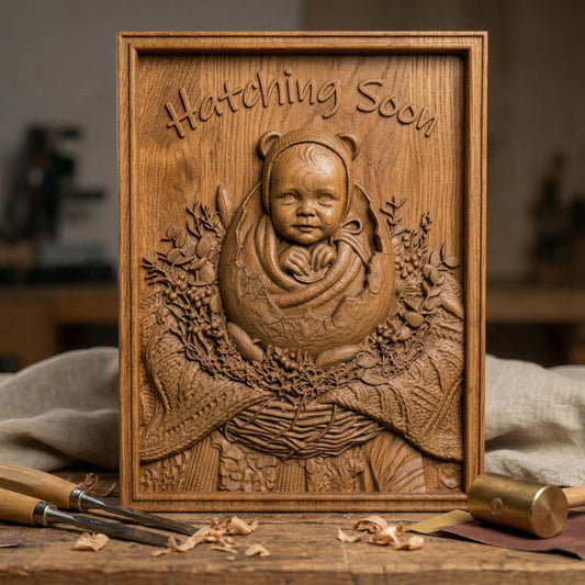 Highly detailed bas-relief carving of a smiling baby emerging from a cracked egg, surrounded by a woven nest and delicate foliage. The phrase “Hatching Soon” arches above, symbolizing anticipation and new life. Soft textures and layered wood grain create a warm, nurturing scene ideal for nursery decor or pregnancy announcements.