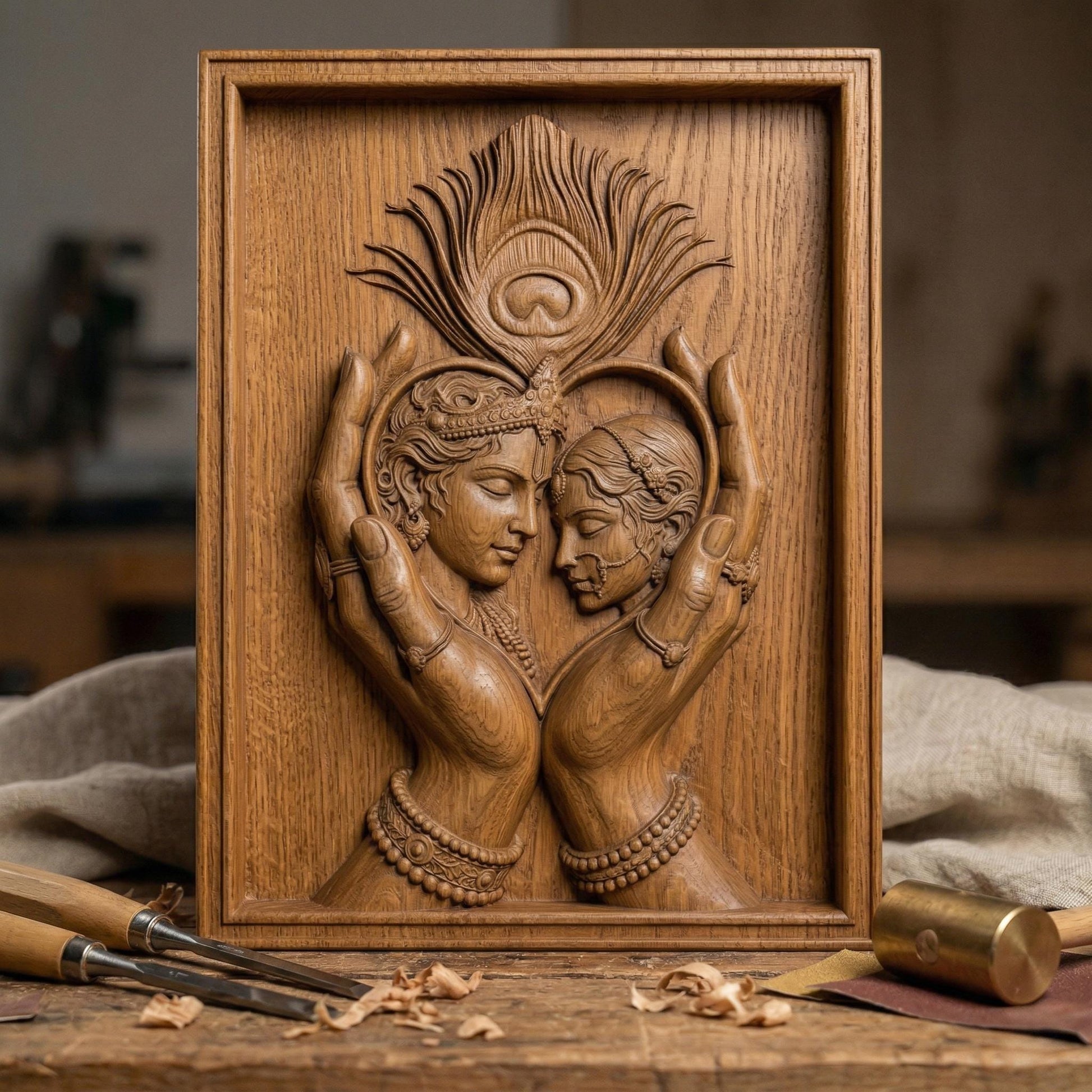Intricately carved bas-relief of Radha and Krishna in an intimate embrace, framed by graceful hands forming a heart shape. A detailed peacock feather rises above, symbolizing divine love and harmony. Ornate jewelry, flowing hair, and smooth wood grain textures enhance the spiritual and romantic essence of this elegant composition.