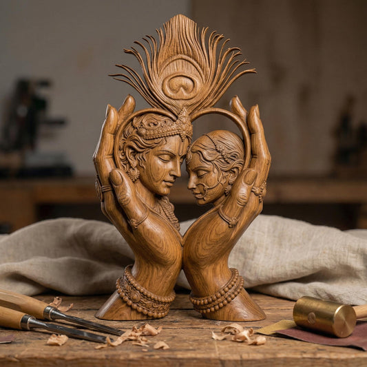 Intricately carved bas-relief of Radha and Krishna in an intimate embrace, framed by graceful hands forming a heart shape. A detailed peacock feather rises above, symbolizing divine love and harmony. Ornate jewelry, flowing hair, and smooth wood grain textures enhance the spiritual and romantic essence of this elegant composition.
