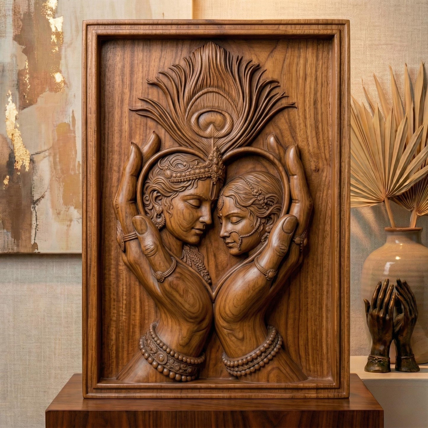 Intricately carved bas-relief of Radha and Krishna in an intimate embrace, framed by graceful hands forming a heart shape. A detailed peacock feather rises above, symbolizing divine love and harmony. Ornate jewelry, flowing hair, and smooth wood grain textures enhance the spiritual and romantic essence of this elegant composition.