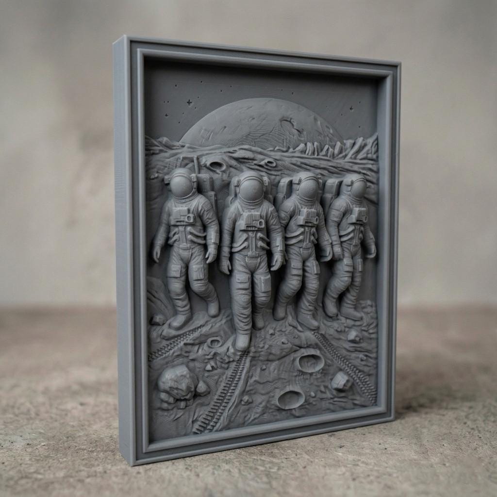 Astronaut Crew Moon Landing 3D STL Relief Model | Space Exploration Wall Art (Digital Download)