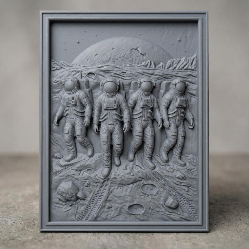 Detailed bas-relief carving of four astronauts walking across a lunar surface with visible craters and rover tracks, set against a large planetary horizon and rugged terrain, framed in a rectangular wooden panel. The figures wear full space suits with helmets and backpacks, captured in motion with realistic depth and texture, evoking space exploration and teamwork.