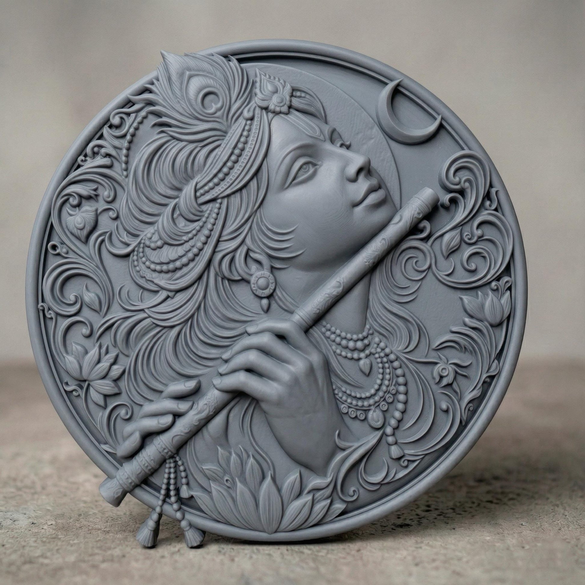 Highly detailed circular bas-relief carving of Lord Krishna playing the flute, adorned with ornate jewelry and flowing hair. A peacock feather crowns the head while a crescent moon appears in the background. Intricate floral patterns and smooth wood grain textures enhance the divine, serene expression, symbolizing peace, devotion, and spiritual harmony.