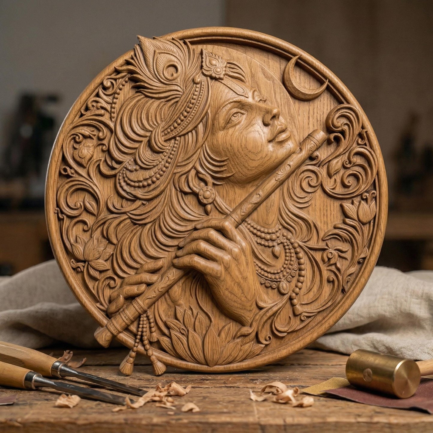 Highly detailed circular bas-relief carving of Lord Krishna playing the flute, adorned with ornate jewelry and flowing hair. A peacock feather crowns the head while a crescent moon appears in the background. Intricate floral patterns and smooth wood grain textures enhance the divine, serene expression, symbolizing peace, devotion, and spiritual harmony.