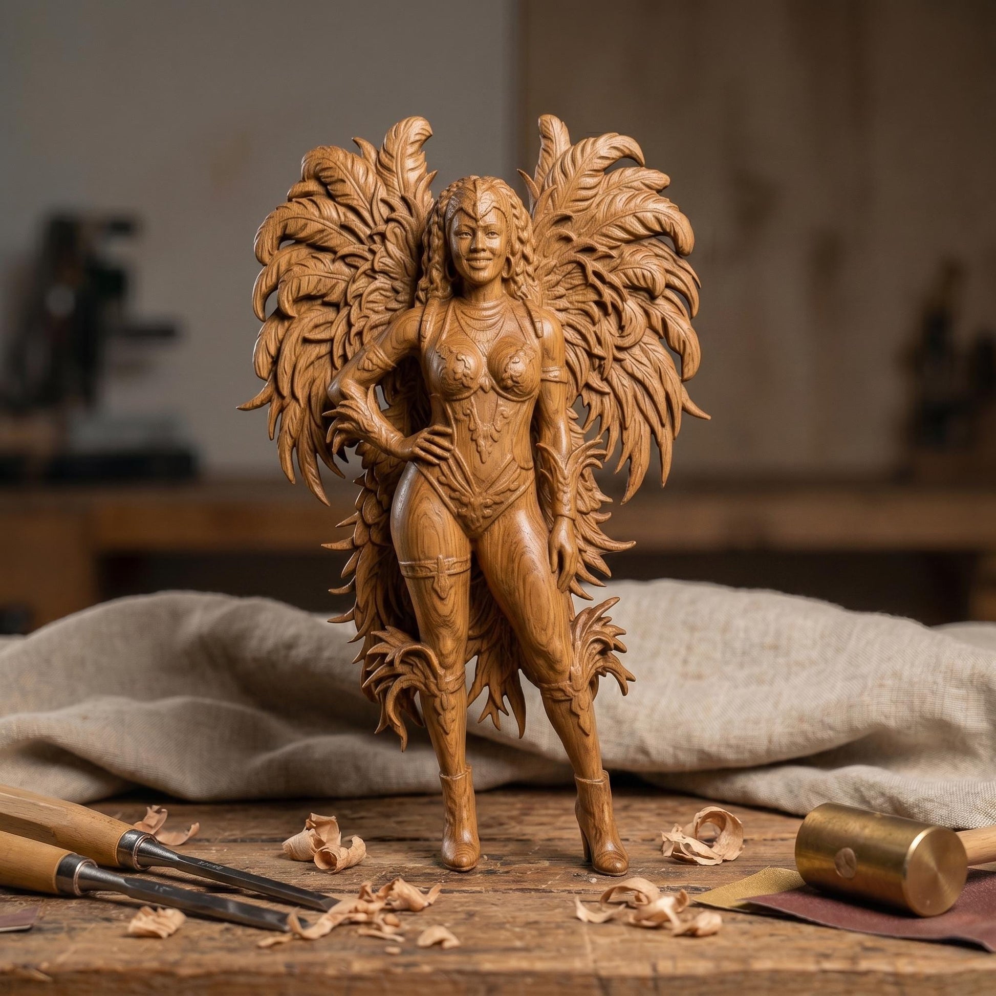 Intricate bas-relief carving of a confident female carnival dancer wearing a detailed feathered costume with large wings, standing in a festive street scene with musicians and performers in the background. The composition features layered depth, ornate textures, and flowing feather details, framed in a classic rectangular border, ideal for CNC carving or 3D printing decorative wall art.
