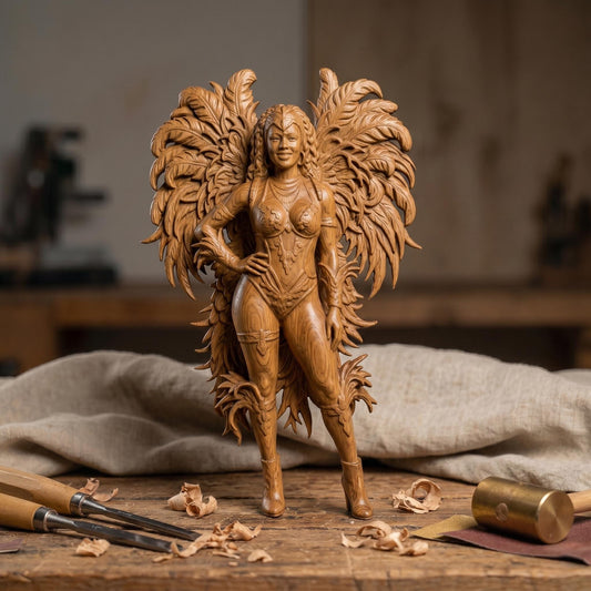 Intricate bas-relief carving of a confident female carnival dancer wearing a detailed feathered costume with large wings, standing in a festive street scene with musicians and performers in the background. The composition features layered depth, ornate textures, and flowing feather details, framed in a classic rectangular border, ideal for CNC carving or 3D printing decorative wall art.