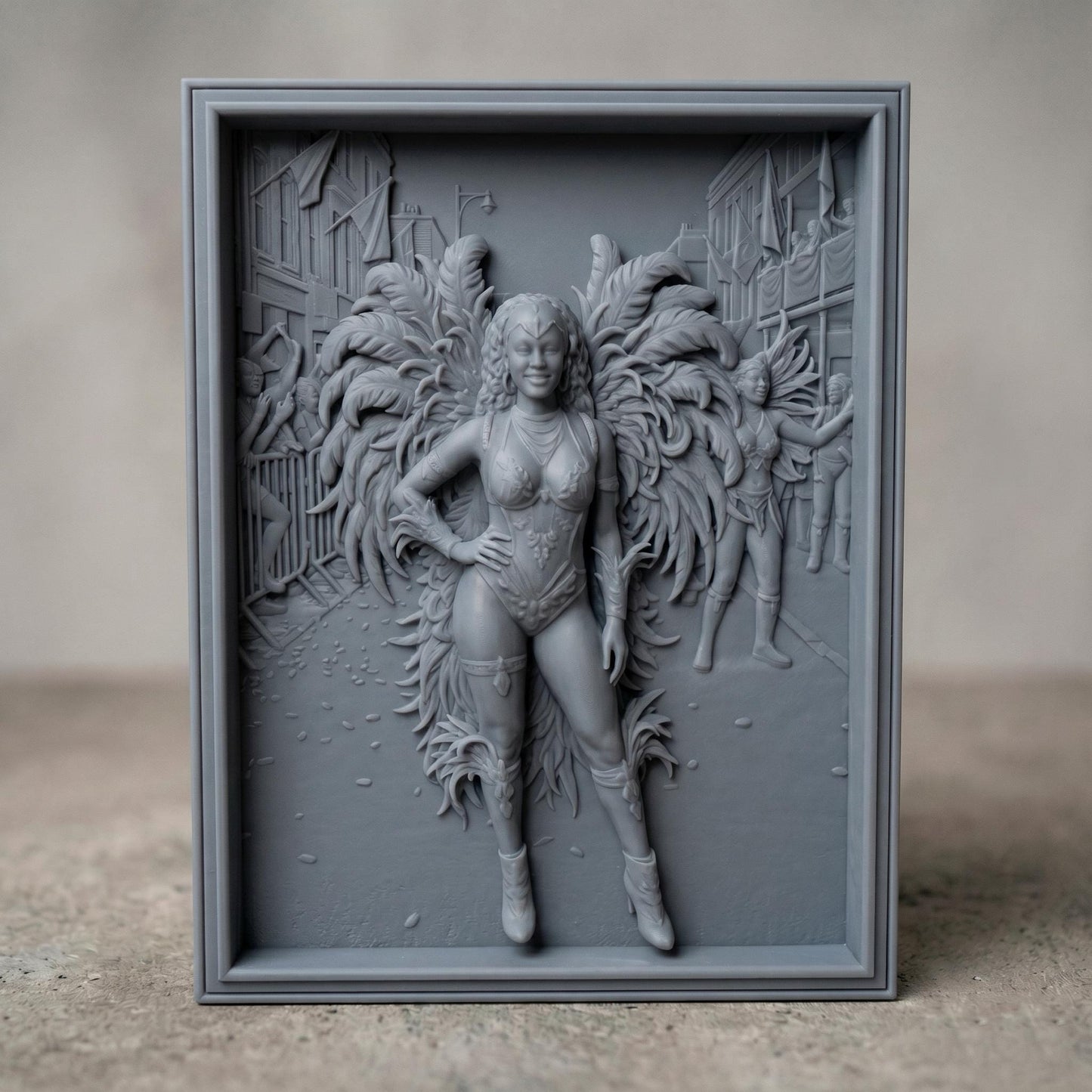 Intricate bas-relief carving of a confident female carnival dancer wearing a detailed feathered costume with large wings, standing in a festive street scene with musicians and performers in the background. The composition features layered depth, ornate textures, and flowing feather details, framed in a classic rectangular border, ideal for CNC carving or 3D printing decorative wall art.