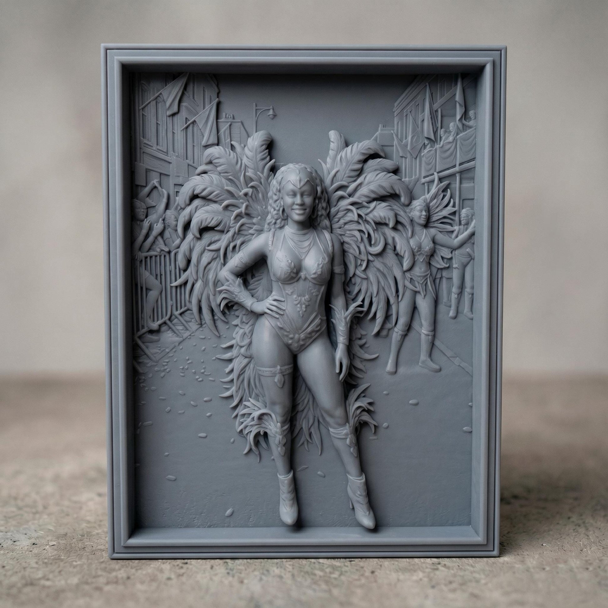Intricate bas-relief carving of a confident female carnival dancer wearing a detailed feathered costume with large wings, standing in a festive street scene with musicians and performers in the background. The composition features layered depth, ornate textures, and flowing feather details, framed in a classic rectangular border, ideal for CNC carving or 3D printing decorative wall art.