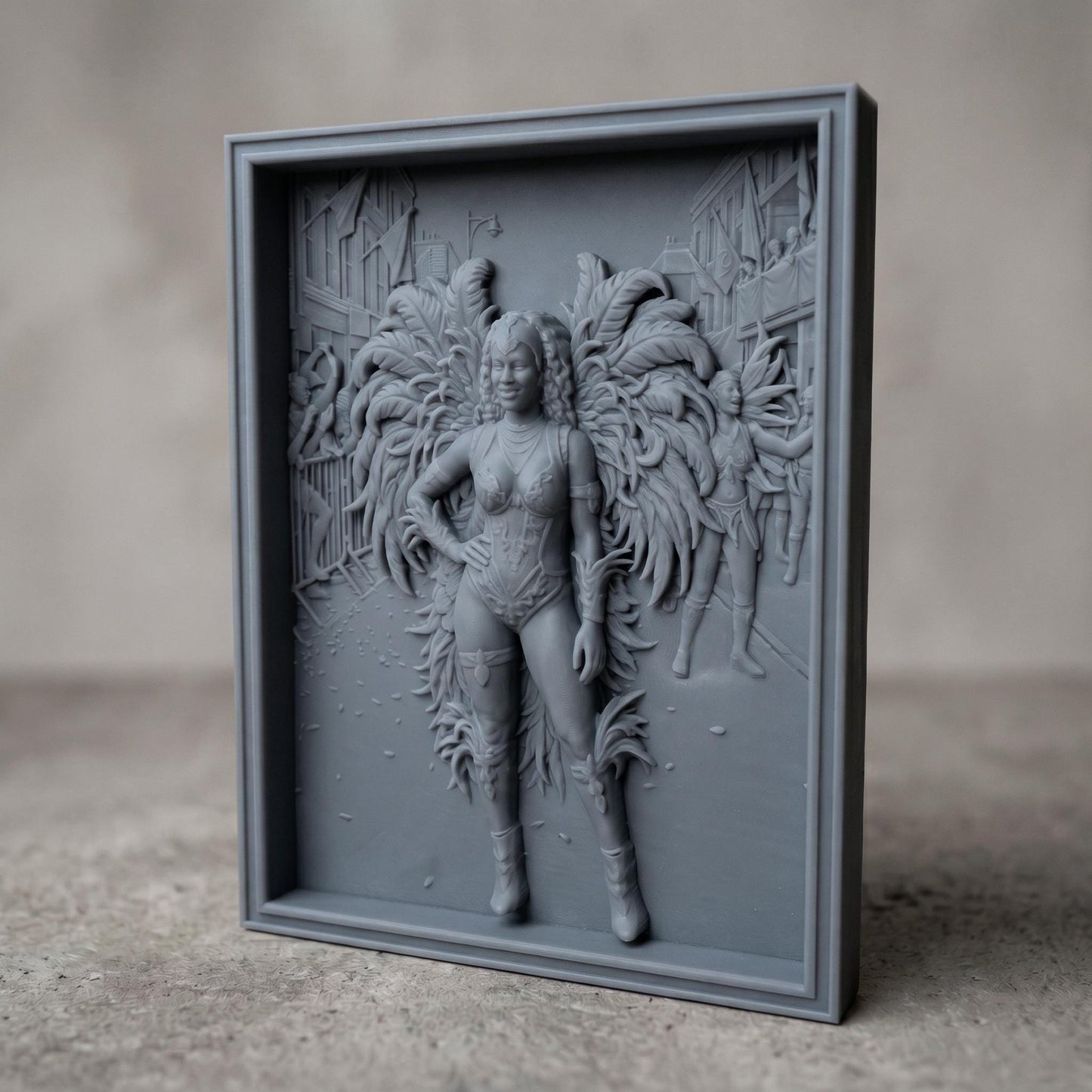Intricate bas-relief carving of a confident female carnival dancer wearing a detailed feathered costume with large wings, standing in a festive street scene with musicians and performers in the background. The composition features layered depth, ornate textures, and flowing feather details, framed in a classic rectangular border, ideal for CNC carving or 3D printing decorative wall art.