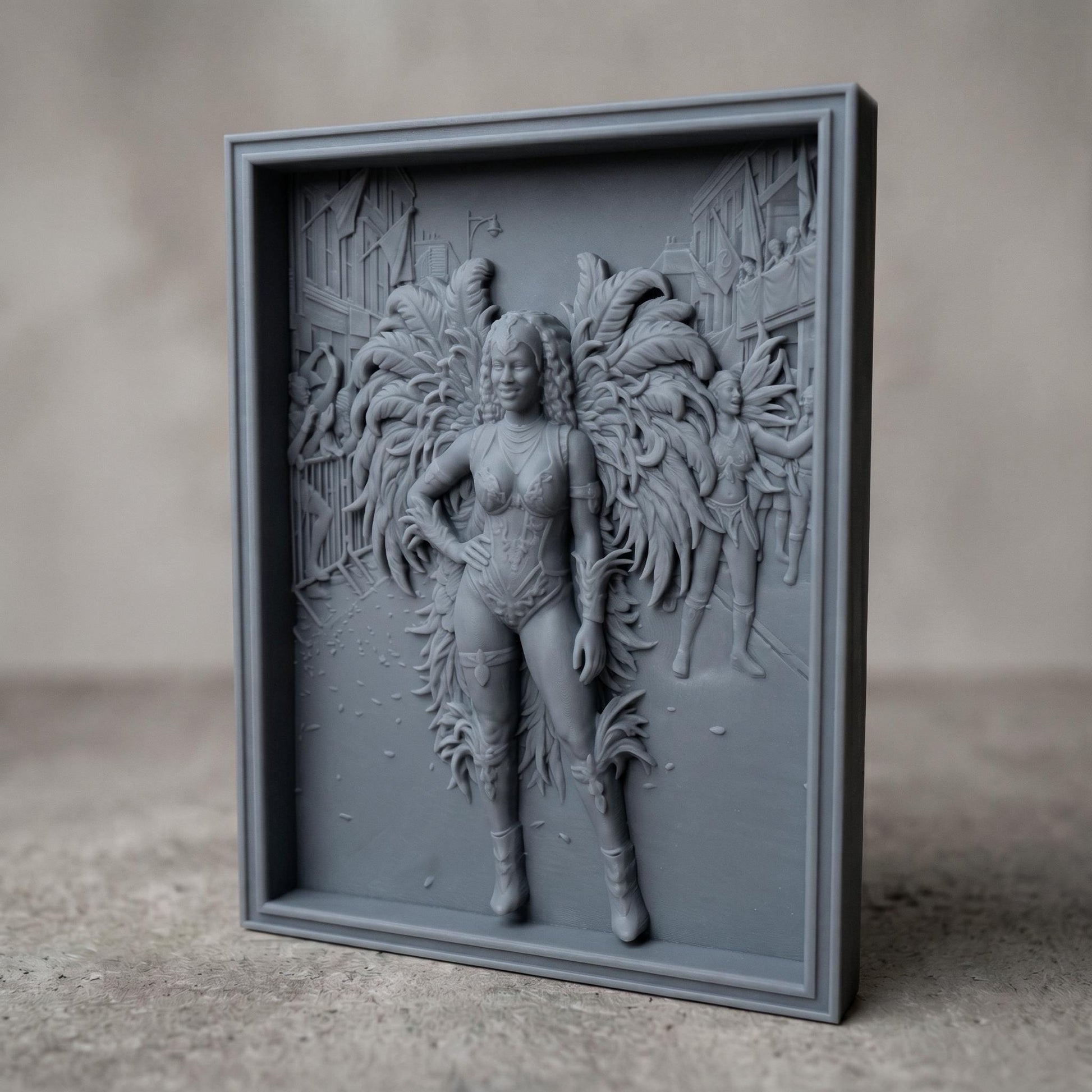 Intricate bas-relief carving of a confident female carnival dancer wearing a detailed feathered costume with large wings, standing in a festive street scene with musicians and performers in the background. The composition features layered depth, ornate textures, and flowing feather details, framed in a classic rectangular border, ideal for CNC carving or 3D printing decorative wall art.