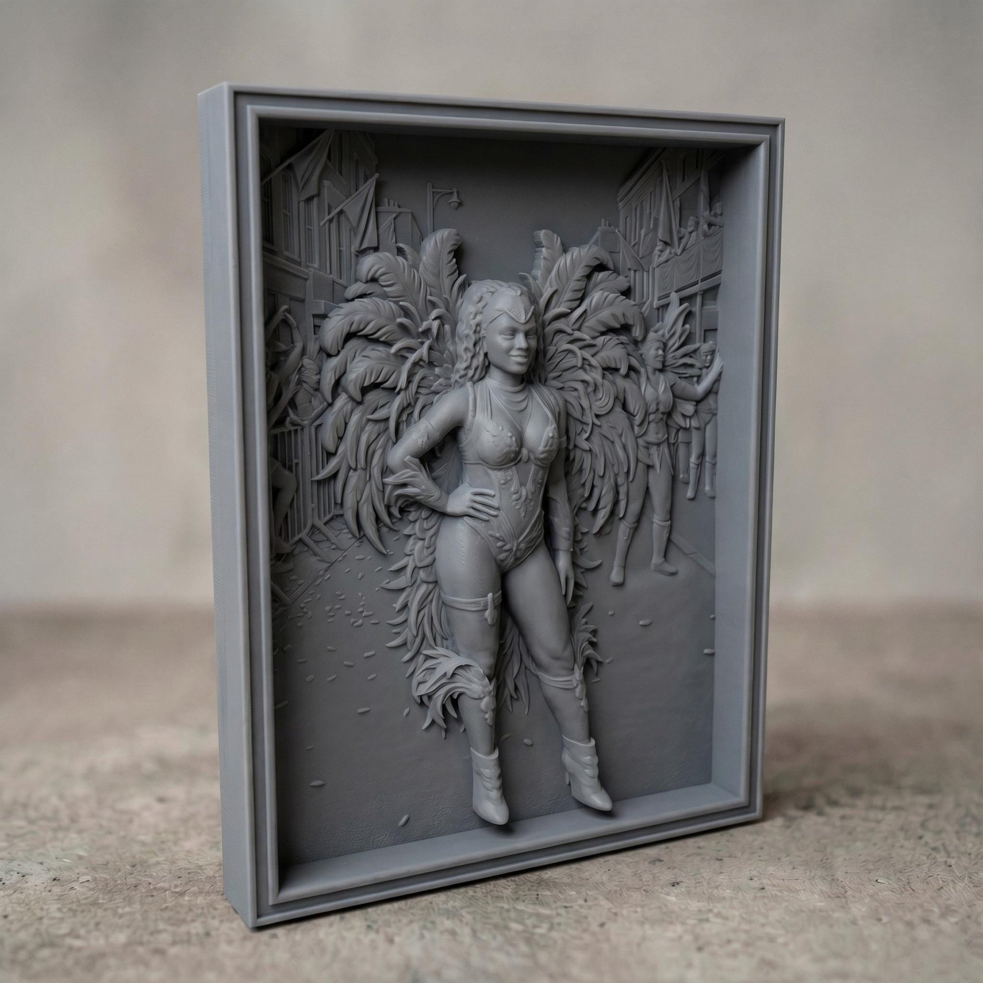 Intricate bas-relief carving of a confident female carnival dancer wearing a detailed feathered costume with large wings, standing in a festive street scene with musicians and performers in the background. The composition features layered depth, ornate textures, and flowing feather details, framed in a classic rectangular border, ideal for CNC carving or 3D printing decorative wall art.