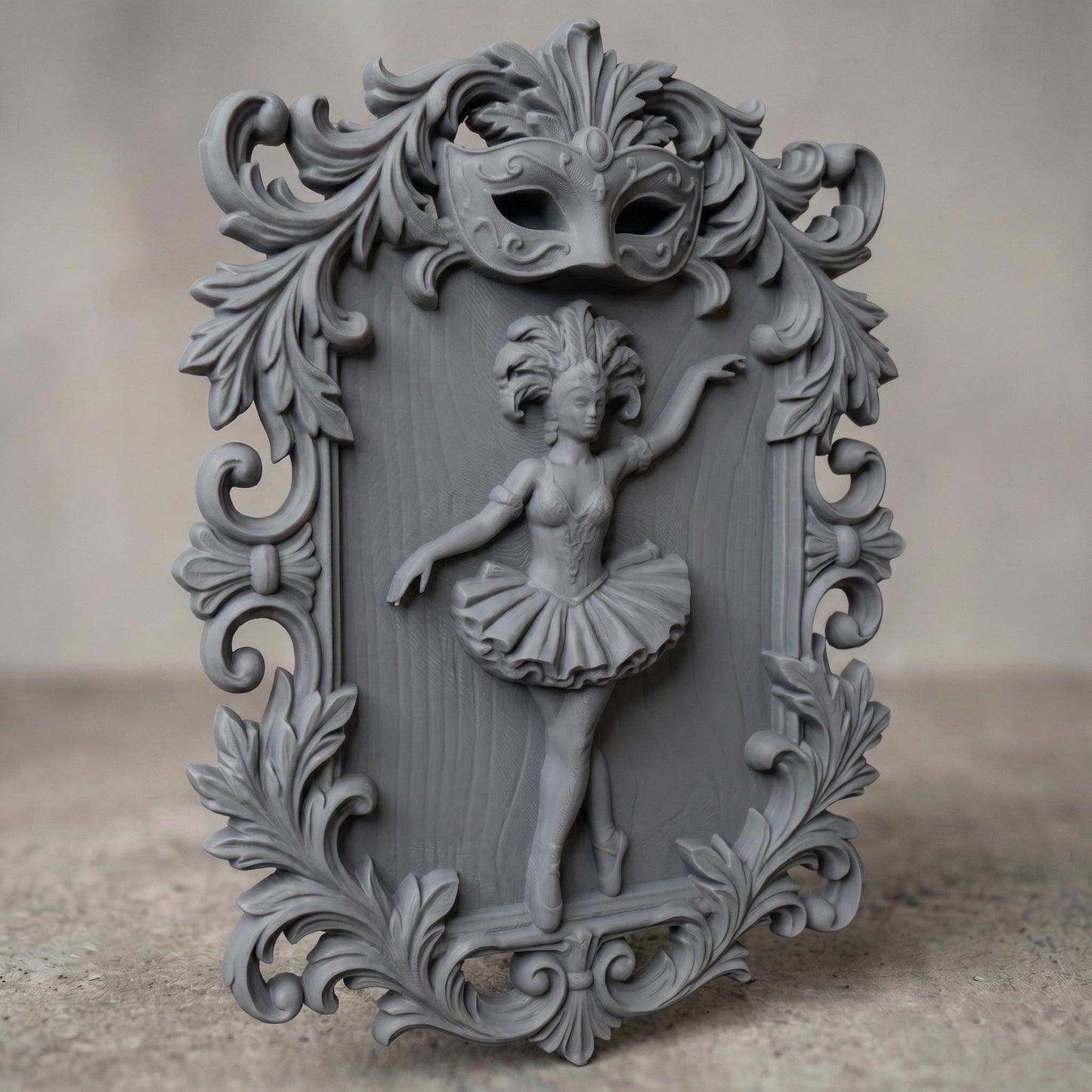 Ornate bas-relief featuring a graceful ballerina in mid-dance pose, framed by intricate baroque scrollwork and topped with a decorative Venetian carnival mask. The dancer wears a detailed tutu and feathered headpiece, symbolizing elegance and theatrical beauty, ideal for CNC carving or 3D printing refined wall decor.