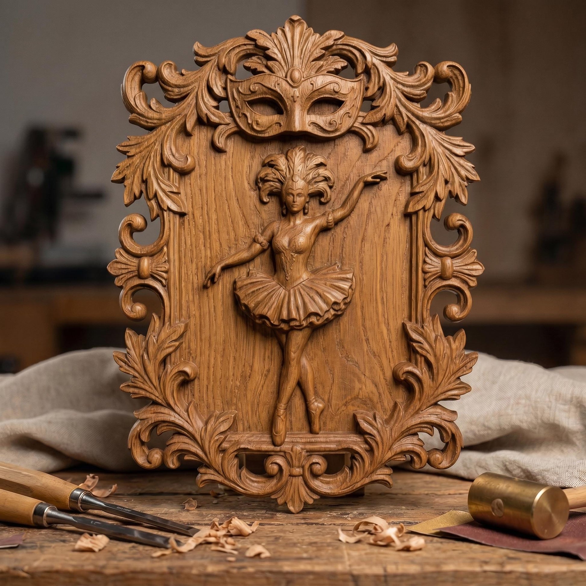 Ornate bas-relief featuring a graceful ballerina in mid-dance pose, framed by intricate baroque scrollwork and topped with a decorative Venetian carnival mask. The dancer wears a detailed tutu and feathered headpiece, symbolizing elegance and theatrical beauty, ideal for CNC carving or 3D printing refined wall decor.