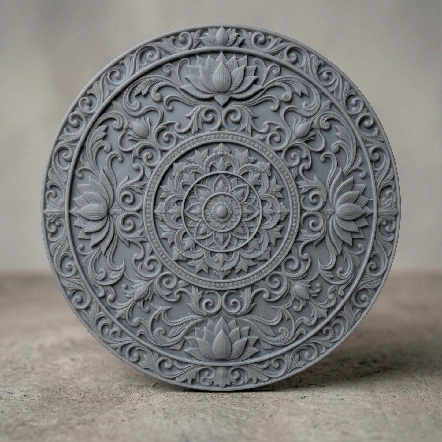 Intricately carved circular lotus mandala with layered floral petals and symmetrical scrollwork, featuring a central rosette surrounded by ornate botanical patterns and repeating lotus motifs, rendered in deep wood texture with high-relief detailing, ideal for spiritual decor and meditative wall art.