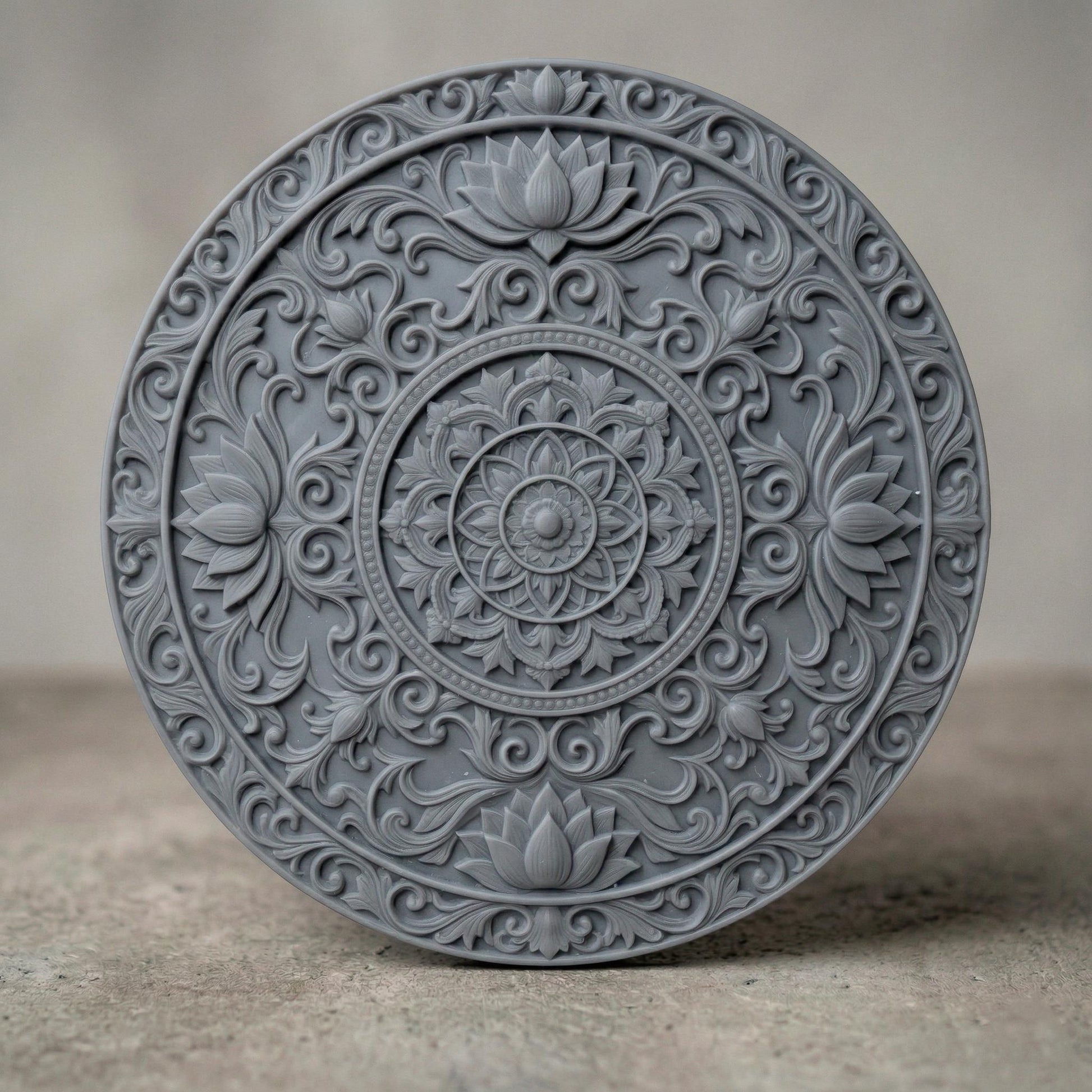 Intricately carved circular lotus mandala with layered floral petals and symmetrical scrollwork, featuring a central rosette surrounded by ornate botanical patterns and repeating lotus motifs, rendered in deep wood texture with high-relief detailing, ideal for spiritual decor and meditative wall art.